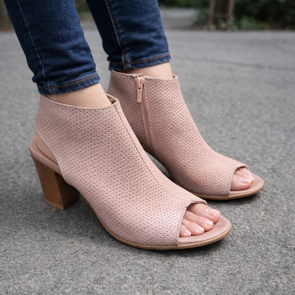 Bueno Buttery Soft Leather Peep Toe Bootie Heels Taupe | Perforated Cutout